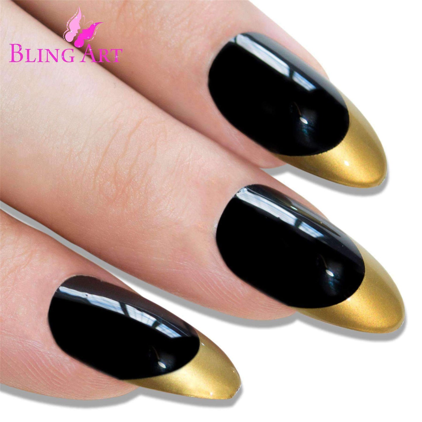 False Nails Bling Art Black Gold Almond Stiletto Long Fake Acrylic