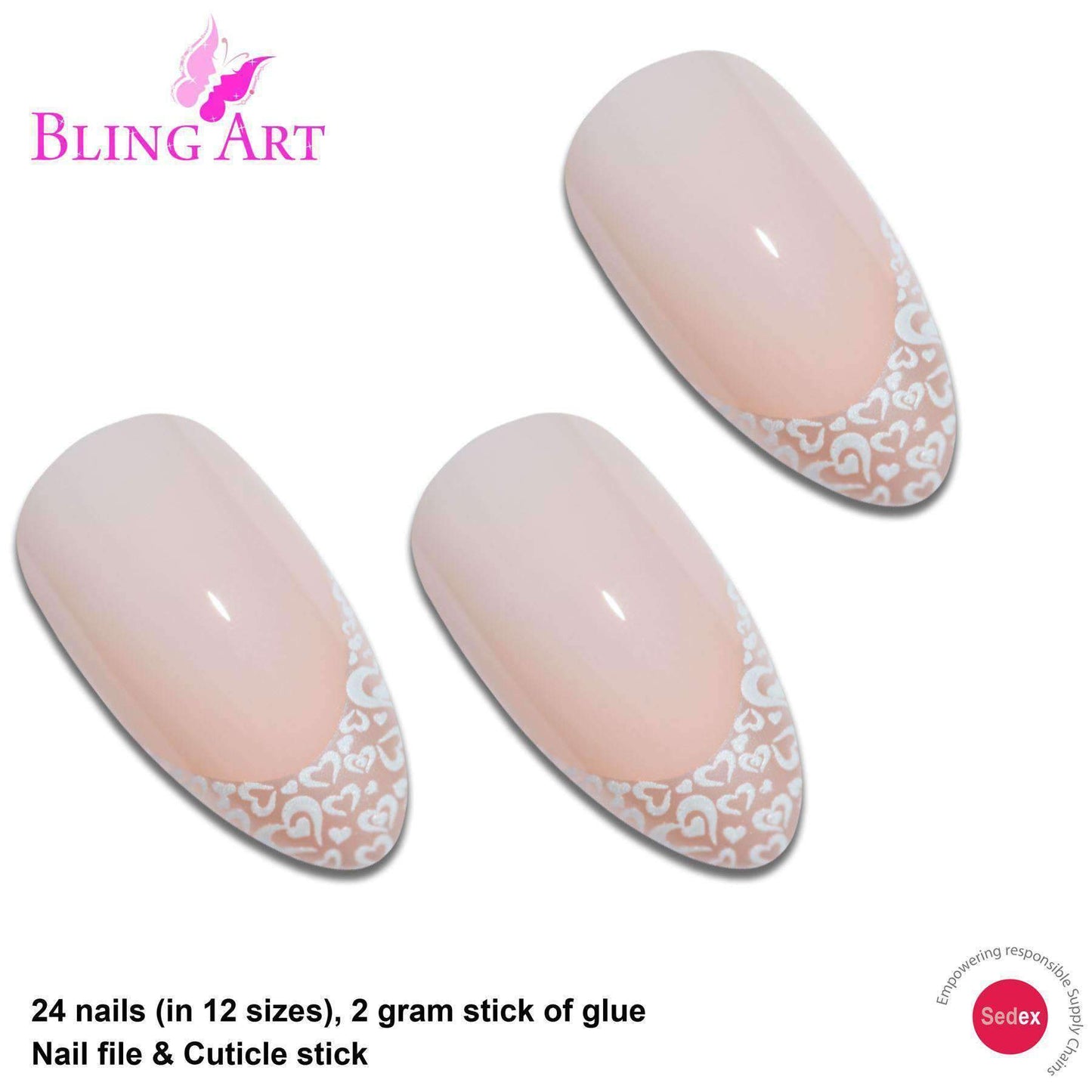 False Nails Bling Art White Hearts Almond Stiletto Long Fake Acrylic