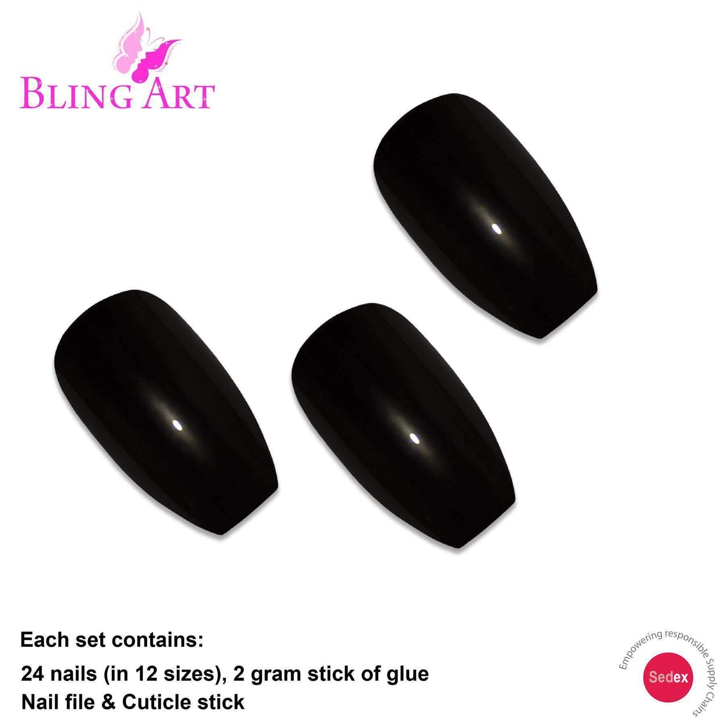 False Nails Bling Art Black Polished Ballerina Coffin Long Acrylic