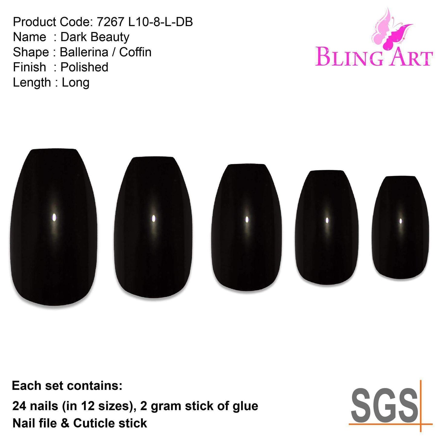 False Nails Bling Art Black Polished Ballerina Coffin Long Acrylic