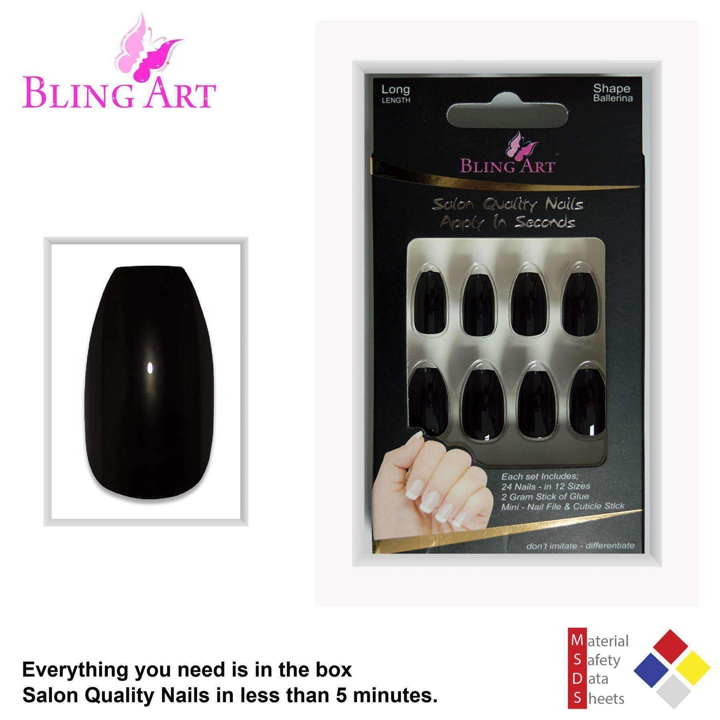 False Nails Bling Art Black Polished Ballerina Coffin Long Acrylic