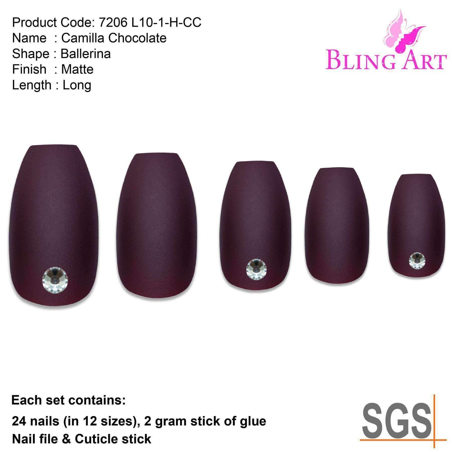 False Nails by Bling Art Brown Matte Ballerina Coffin 24 Fake Long