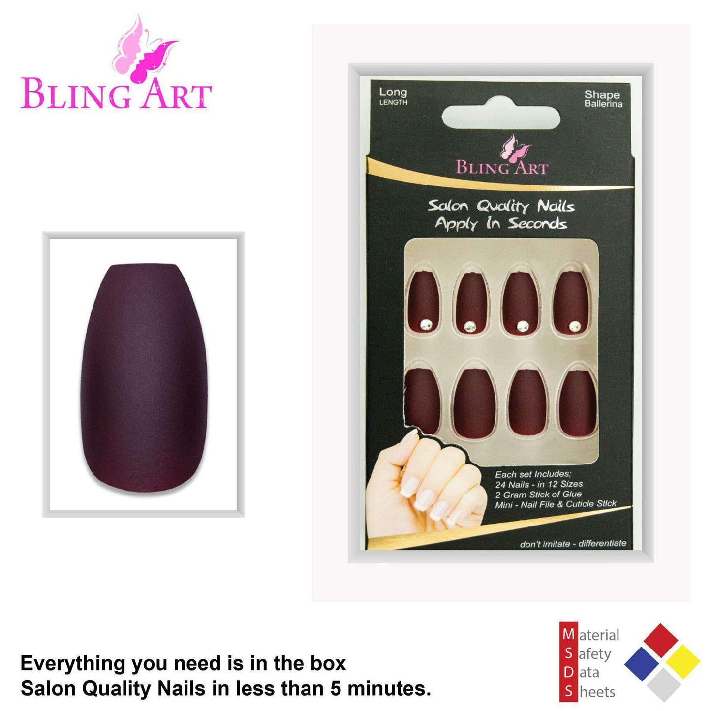 False Nails by Bling Art Brown Matte Ballerina Coffin 24 Fake Long