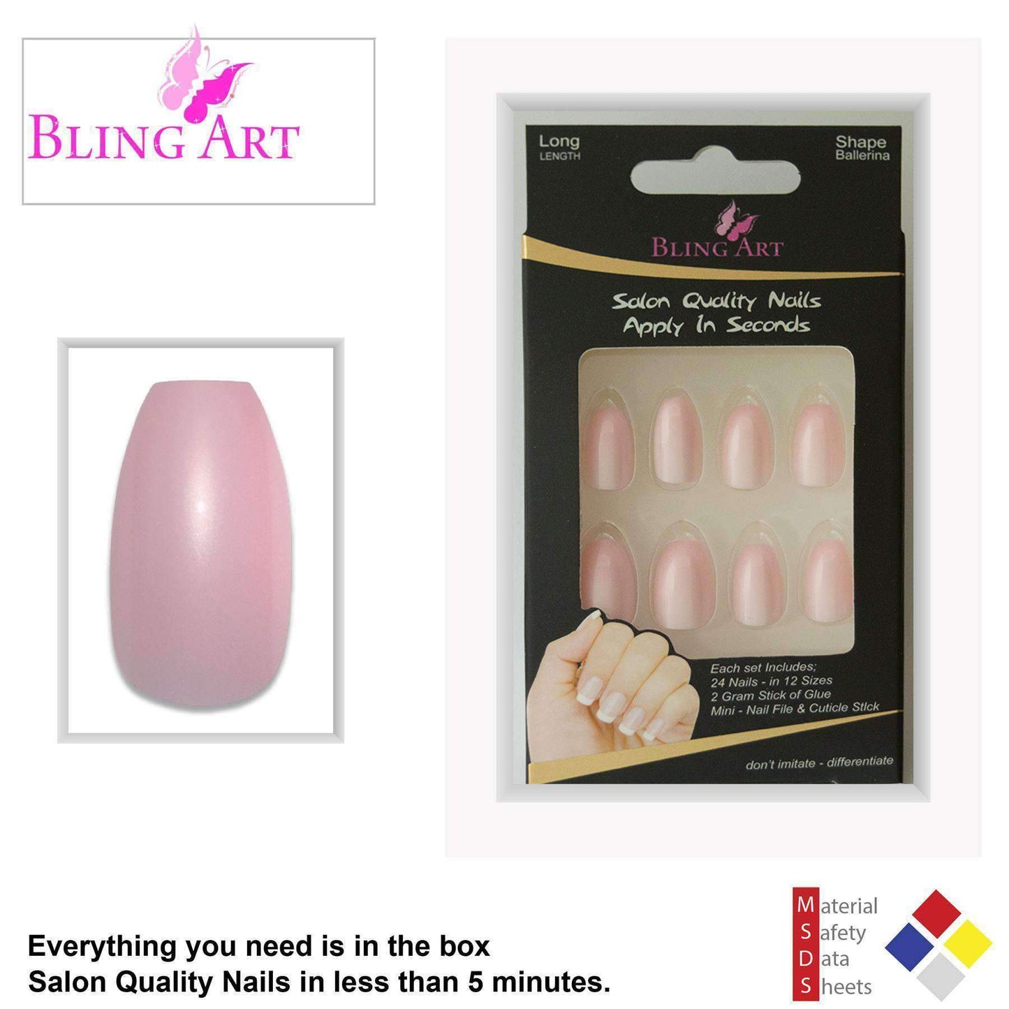 False Nails by Bling Art Pink Glitter Ballerina Coffin 24 Fake Long