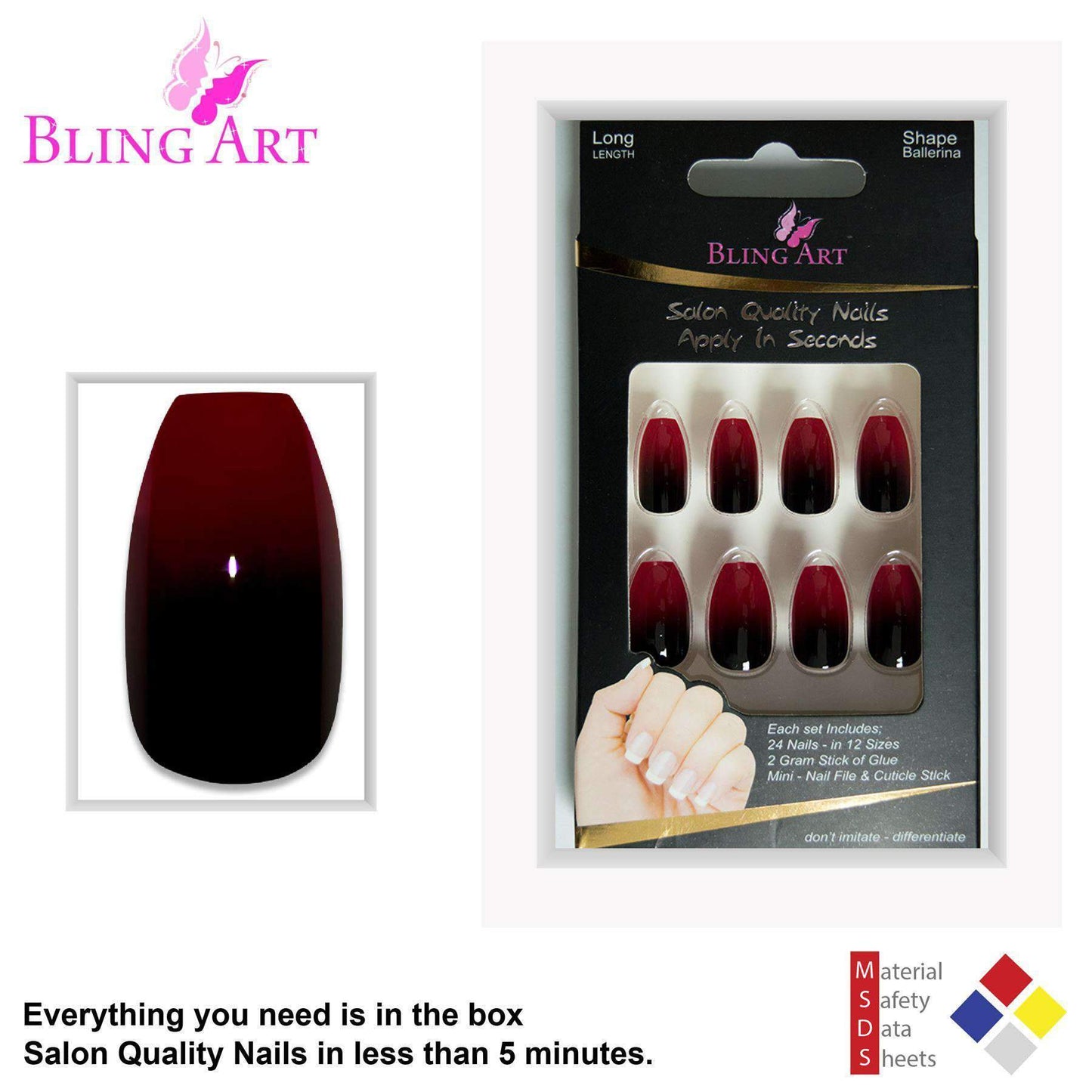 False Nails by Bling Art Red Black Ballerina Coffin Acrylic 24 Fake