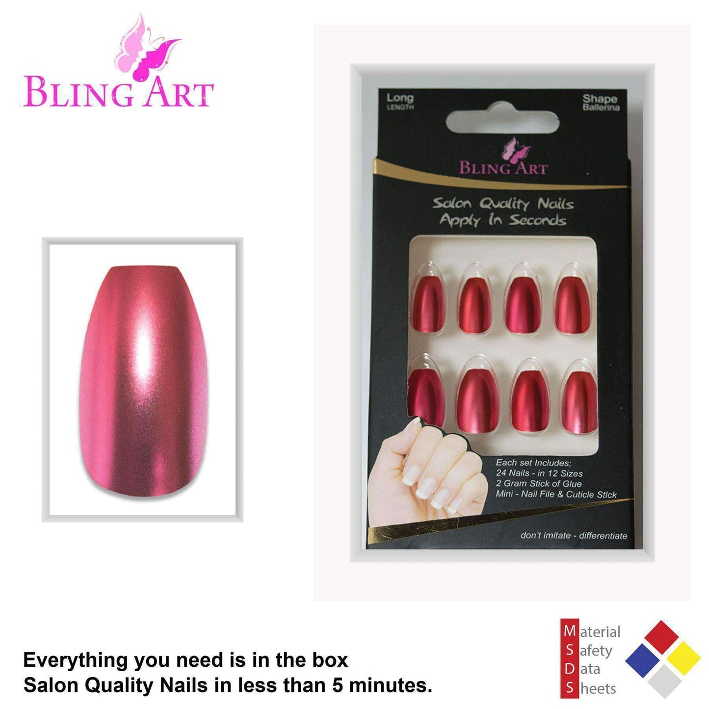 False Nails by Bling Art Red Matte Metallic Ballerina Coffin Fake