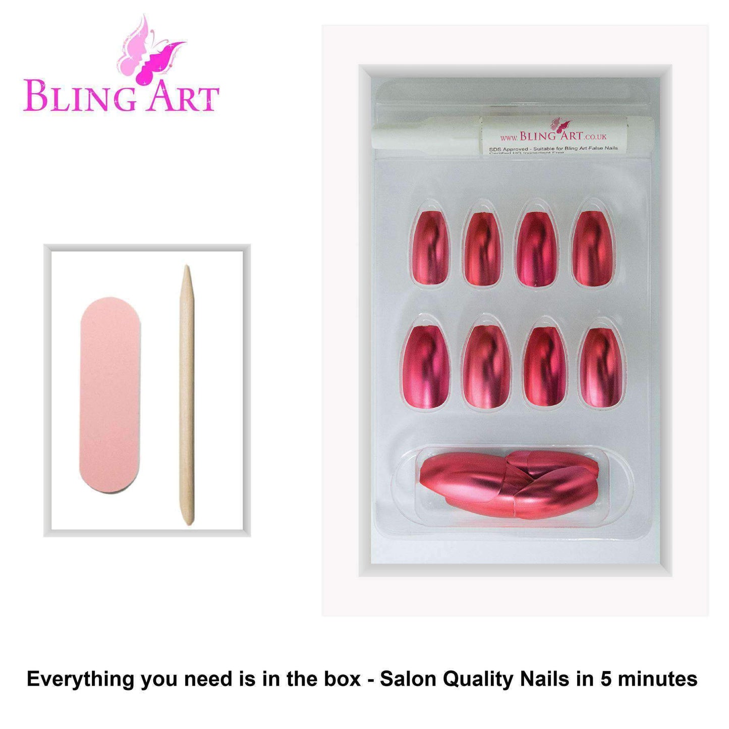 False Nails by Bling Art Red Matte Metallic Ballerina Coffin Fake