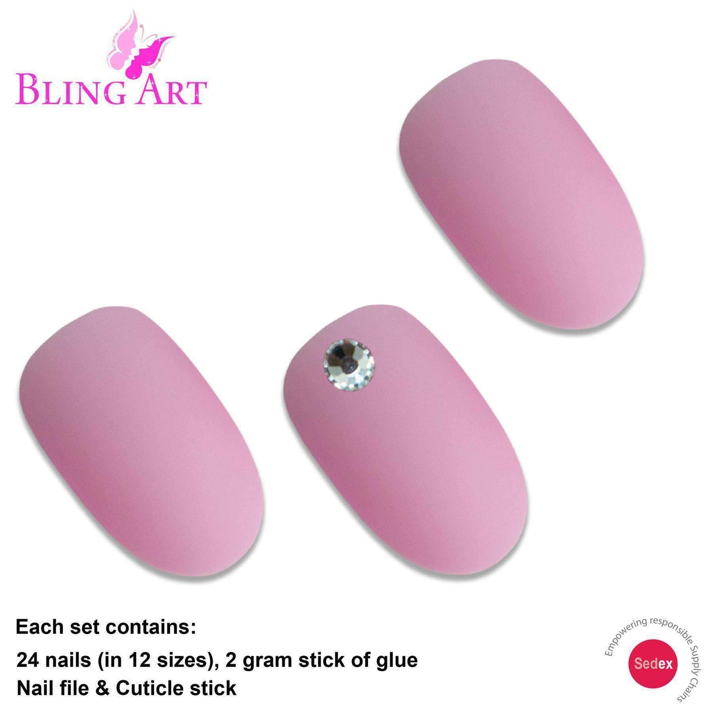 False Nails by Bling Art Pink Matte Oval Medium Fake Acrylic 24 Tips