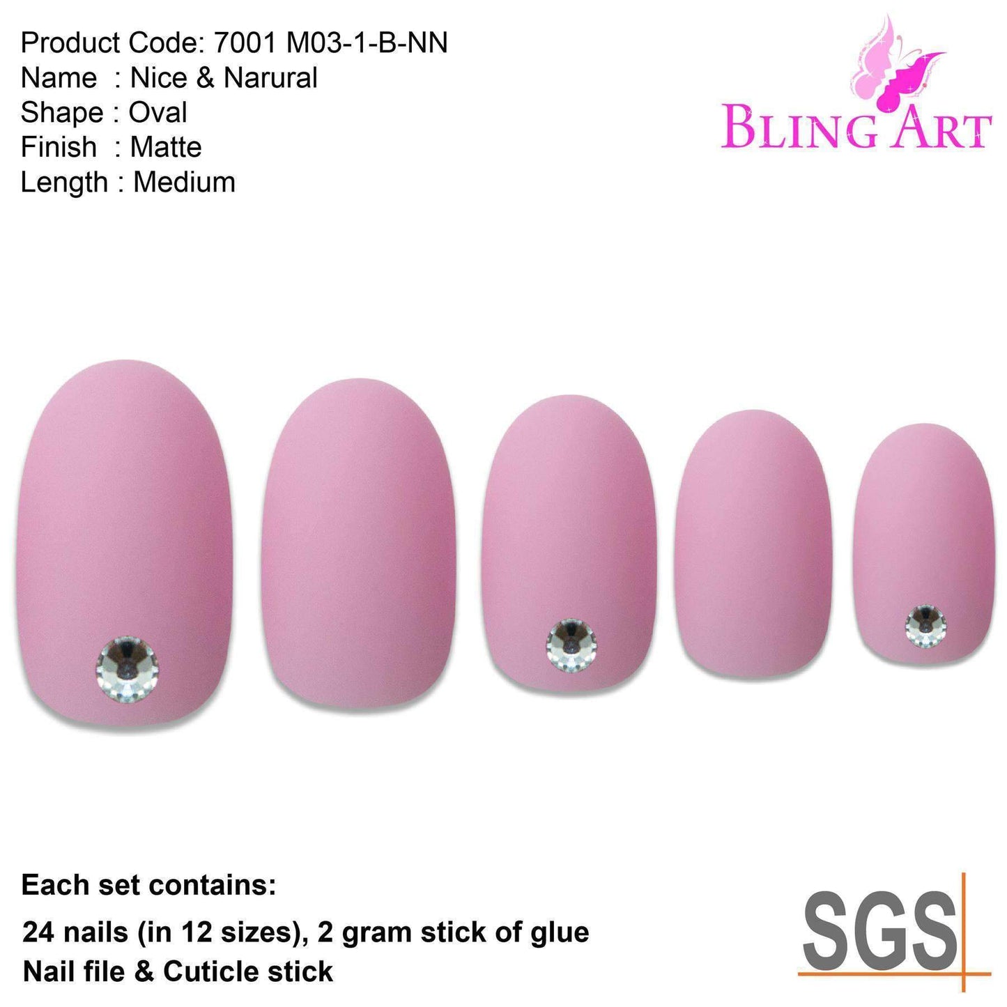 False Nails by Bling Art Pink Matte Oval Medium Fake Acrylic 24 Tips