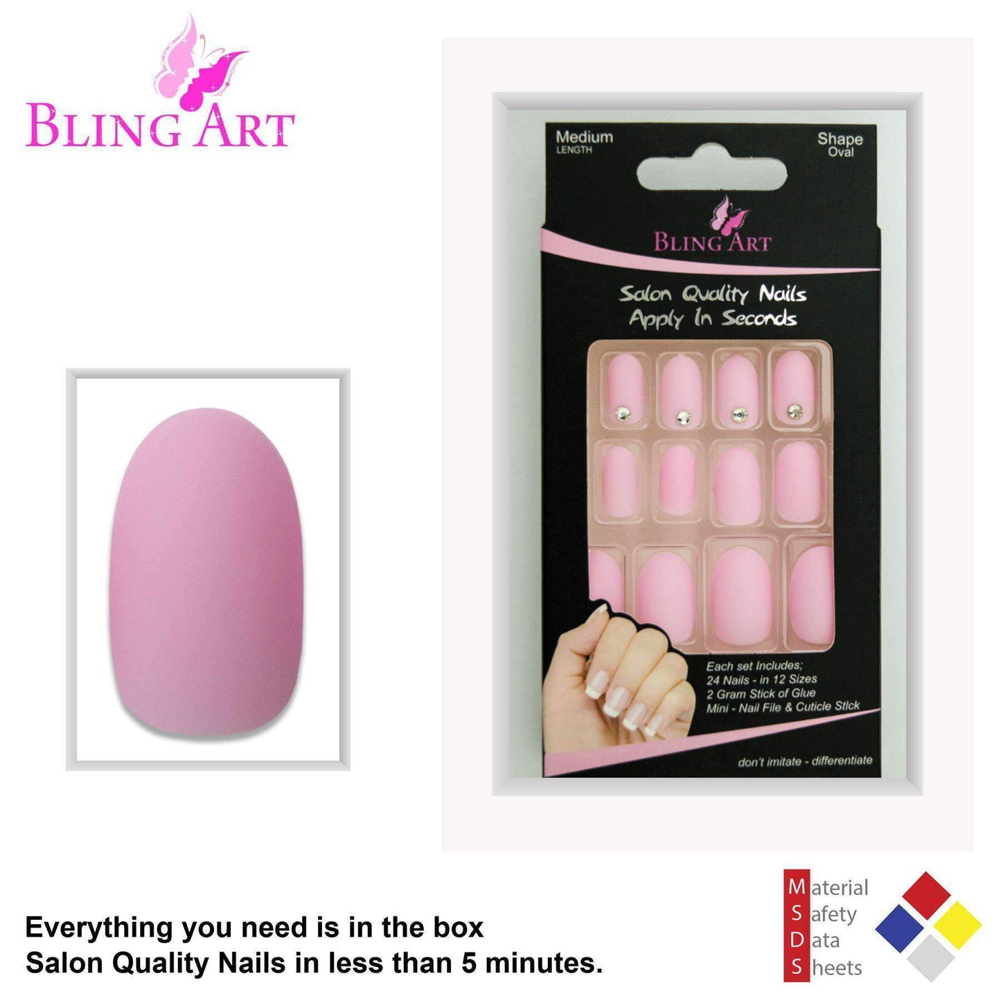 False Nails by Bling Art Pink Matte Oval Medium Fake Acrylic 24 Tips