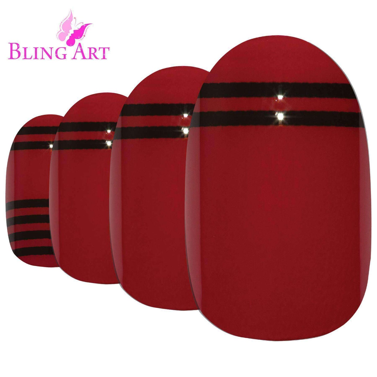 False Nails by Bling Art Red Black Glossy Oval Medium Fake 24 Acrylic