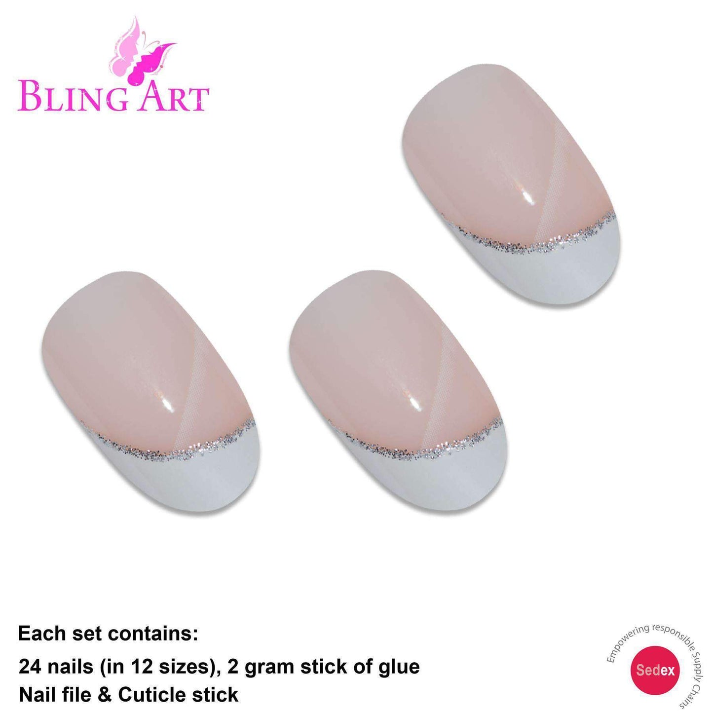 False Nails by Bling Art White Polished Oval Medium Fake 24 French